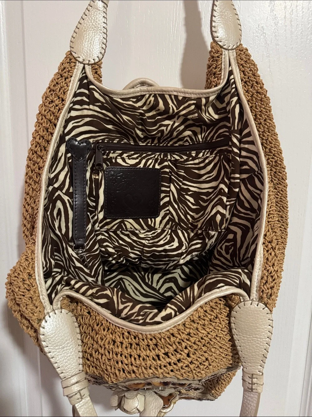 Brighton Tan Woven Hobo with Cream Floral Appliqué